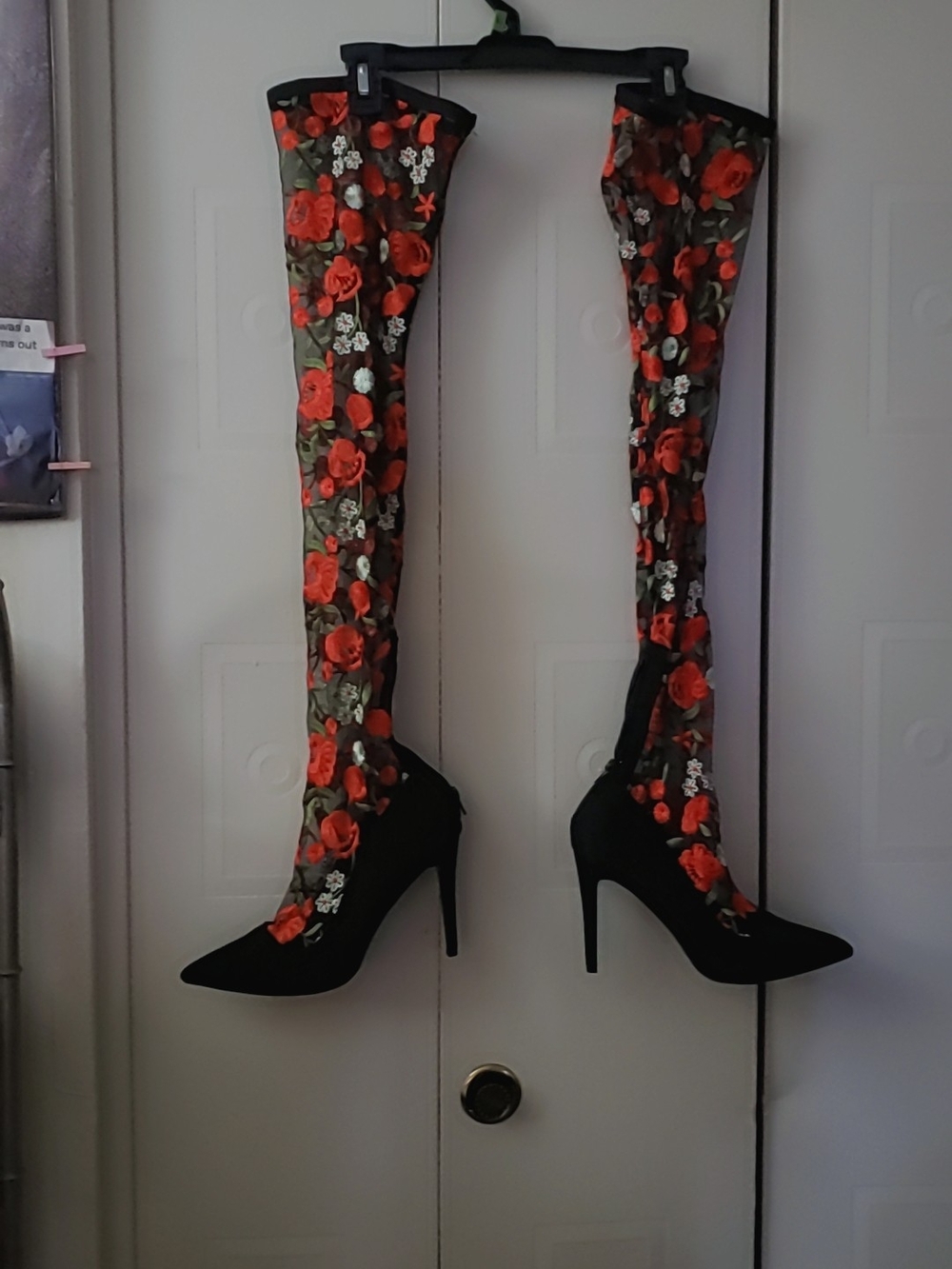 Floral Over-the-Knee Stiletto Boots in Black and Red
